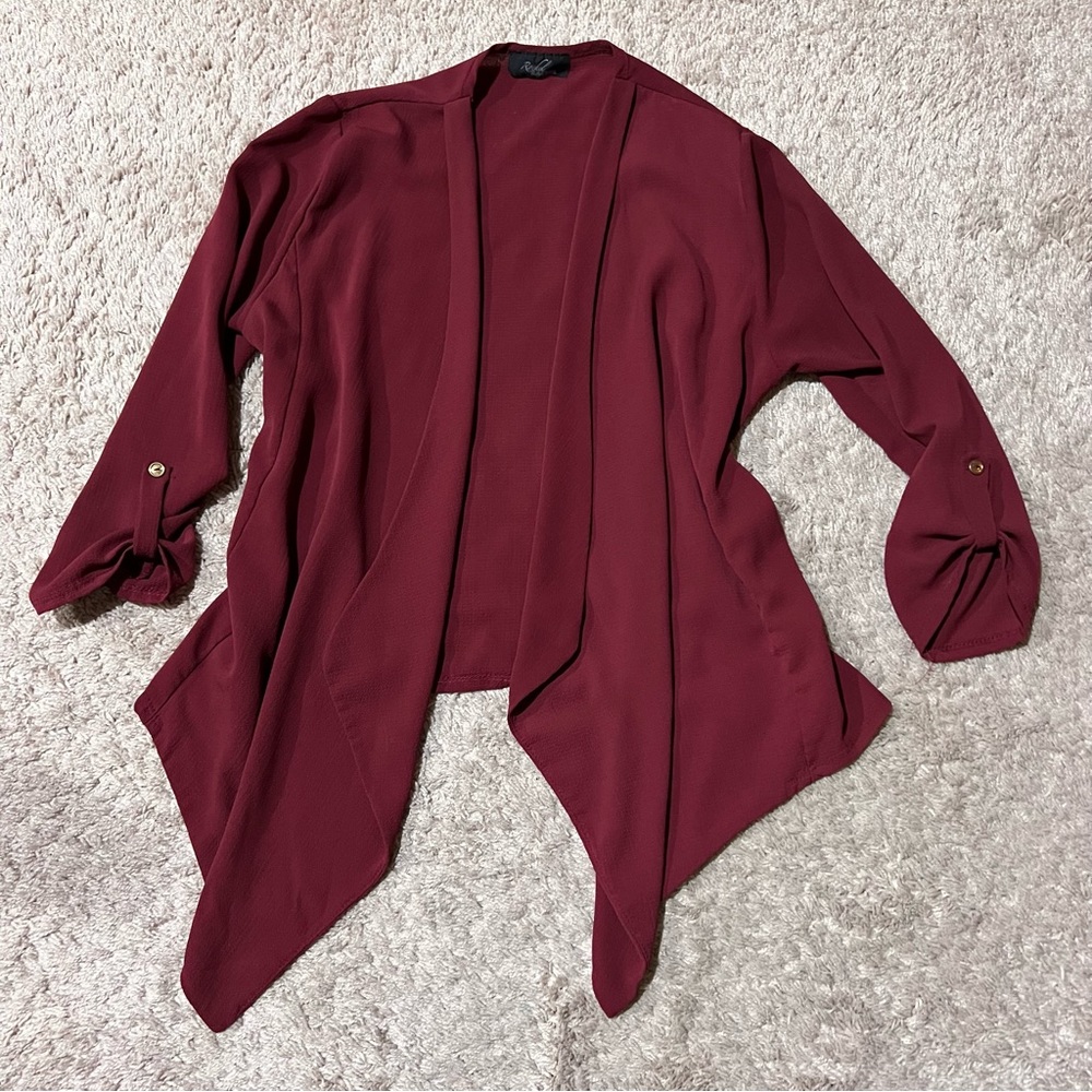 Rachel maroon dark red crepe 3/4-length tab sleeve light waterfall cardigan